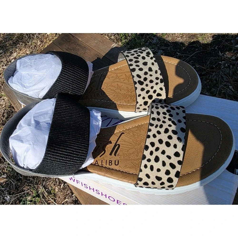 Blowfish Malibu Leopard Platform Sandals Womens 7.5 Black Elastic Strap